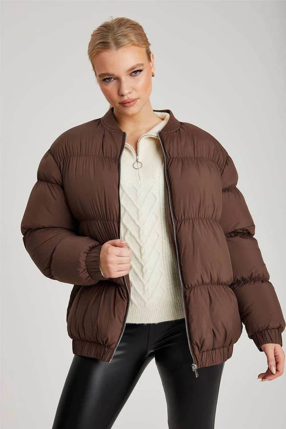 Oversized Gathered Puffer Jacket - Brown - Size: 10 - Urban Bliss - FashionsVida