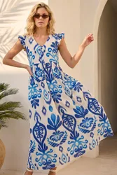 Abstract Print Frill Detail Midi Dress - Navy - Size: 20