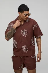 Mens Palm Embroidered Oversized Linen Shirt & Relaxed Short Set - Chocolate Cotton - Size X-Small