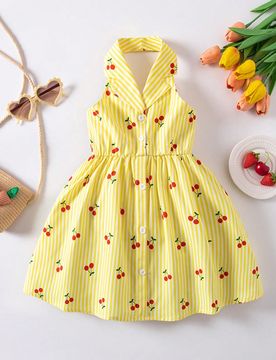 Vestido de verano para niñas de nueva moda con cuello polo, halter, espalda descubierta, cintura ceñida, dulce y versátil para vacaciones