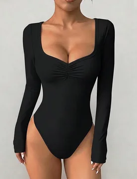Vestido ajustado de manga larga con cuello en V fruncido. El escote está diseñado como un cuello en V profundo. Esta es una prenda básica de ajuste - Shein - FashionsVida
