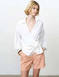 Cotton Blend Tie Front Wrap Top with Linen White female