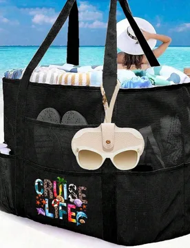 Bolsa de playa de malla grande, bolsa de playa multiusos con cierre de cremallera, bolsa de malla grande plegable y práctica, ligera, bolsa de playa - Shein - FashionsVida