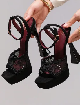 Sandalias de tacón alto con bordado de encaje negro, sandalias de cuña de tacón cuadrado de punta abierta, tacones de plataforma alta para mujer, z - Shein - FashionsVida