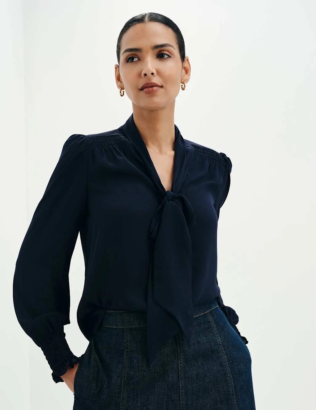 Tie Neck Button Through Blouson Sleeve Blouse Navy female - Finery London - FashionsVida