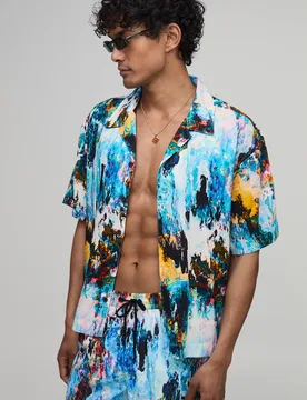 Men's Oversized Boxy Abstract Print Revere Shirt Size Medium Multi M - boohooMAN - FashionsVida