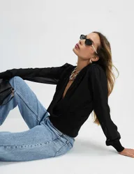 V-Neck Blouson Sleeve Blouse Black female