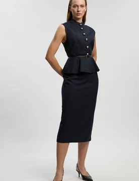 Women's Tailored Pinstripe Peplum Belted Midi Dress in Black Size: 14 - Black - Size: 14 - Karen millen - FashionsVida