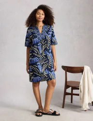 Pure Linen Printed Notch Neck Shift Dress Navy Mix female