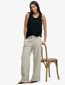 Superdry Damen Leinenhose mit Tiefem Bund Beige - Größe: 44 - 94.99 - FashionsVida