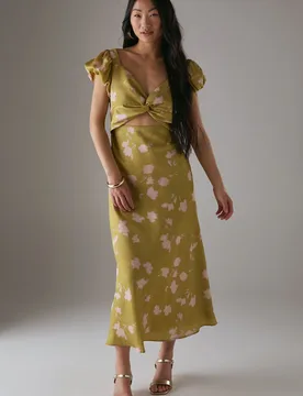 Womens Petite Satin Knot Front Cut Out Midi Dress - Green - Size 16 Uk - Warehouse - FashionsVida