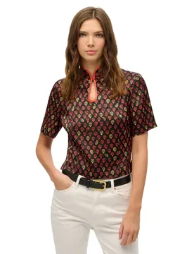 Maglietta A Maniche Corte Mandarin Jacquard Floral Block Black S - Superdry - FashionsVida