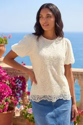 Womens Panelled Lace Puff Sleeve Top - Cream - Size 16 Uk