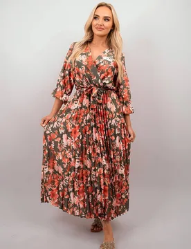 Women's Melina Floral Printed Long Sleeve Pleated Midi Dress in Khaki Size: Medium/Large - Khaki - Size: M/L - IKRUSH - FashionsVida