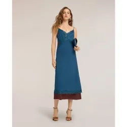 Vestido regular en crepé de china con encaje largo midi cierre con cremallera