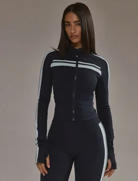 Chaqueta de activewear para pádel, gimnasio, entrenamiento, yoga y uso diario con cremallera y detalles de rayas que esculpen la figura - Shein - FashionsVida