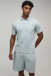 Mens Regular Fit Waffle Button Neck Pocket Polo & Shorts Set - Light Grey Cotton - Size Medium