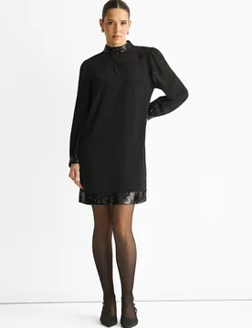 Womens Black Sequin Trim High Neck Belted Mini Dress - Size 16 Uk - Gini London - FashionsVida