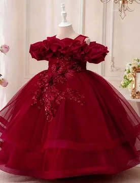 Vestido de fiesta para niña con empalmado de flor 3D y red en los hombros, vestido formal de dama de honor para fiesta de cumpleaños, elegante vesti - Shein - FashionsVida