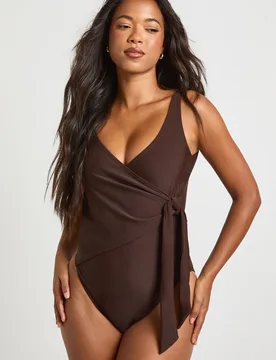 Womens Tummy Control Wrap Detail Swimsuit - Chocolate Polyamide - Size 14 Uk - Boohoo - FashionsVida