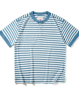 Classic American retro men's T-shirt fashionable Henry collar striped short sleeved T-shirt, all cotton washed T-shirt loose fit - Aliexpress - FashionsVida
