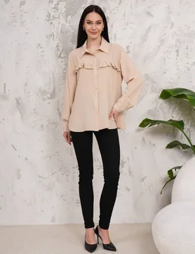 Oversized Frill Detailed Long Sleeves Blouse Shirt - Beige - Size: 20-22 - HOXTON GAL - FashionsVida