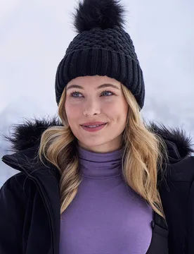 Lisbon Borg Lined Womens Thermal Pom-Pom Beanie - Black - Black - Size: ONE - Mountain Warehouse - FashionsVida