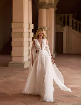 Customized Graceful White Chiffon Wedding Dress Formal V-neck Sleeveless Robe de mariée Boho Straight Appliques Vestido De Novia - Aliexpress - FashionsVida
