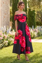 Womens Floral Print Premium Stretch Midi Dress - Red - Size 12 Uk