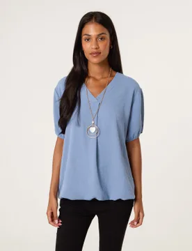 V Neck Bubble Hem Top - M/L / BLUE - female - Blue Vanilla - FashionsVida