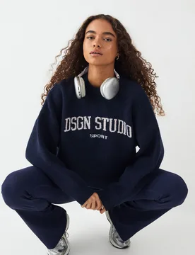 Womens Knitted Oversized Crew Neck Jumper - Navy - Size 3xl - DSGN Studio - FashionsVida