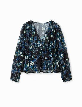 Blouse plumetis fleurs, Polyester, Bleu, XS