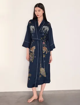 Satin Jungle Print Wide Sleeve Dressing Gown Navy female - Chelsea Peers - FashionsVida