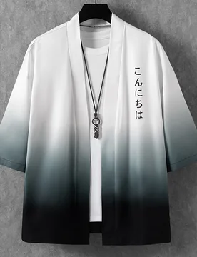 Kimono holgado para hombre con estampado de letras japonesas y degradado de color, estilo de hombros caídos (sin camiseta), para regalo de novio, sal - Shein - FashionsVida