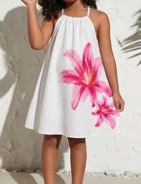 Vestido blanco con estampado floral de corte halter y línea A para niñas, vestido versátil, lindo y de moda para salidas, vacaciones y sesiones de - Shein - FashionsVida