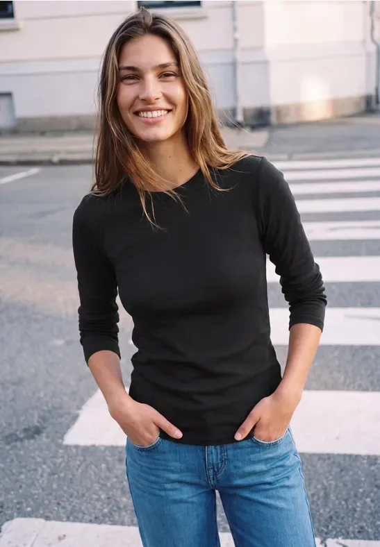 Street One Basic Shirt in Unifarbe mit Rundhals female Schwarz - Street One Studio - FashionsVida