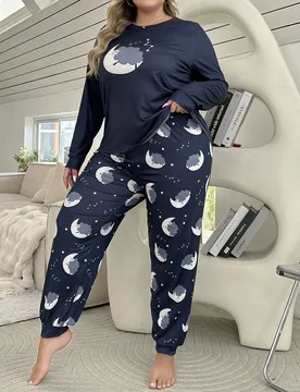 Conjunto de pijama de talla grande para mujer con estampado de luna y estrellas en la parte superior de manga larga y pantalones, ropa de otoño e inv - Shein - FashionsVida