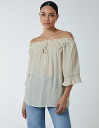 Bardot Tie Front Top - S / STONE - female