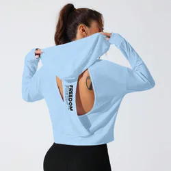 Sudadera con capucha deportiva para mujer con estampado de letra y espalda abierta de manga larga