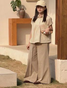 Conjunto de 2 piezas de blusa de manga corta con cuello y pantalón de pierna ancha para niñas preadolescentes, conjunto de otoño - Shein - FashionsVida