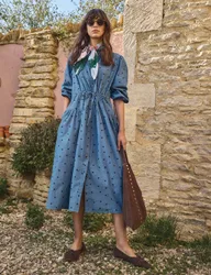 Polka Dot Embroidered Midi Tiered Shirt Dress Blue female