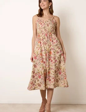 Women's Multi Floral Shirred Strappy Midi Dress Size: XL - Multicolor - Size: XL - Blue Vanilla - FashionsVida