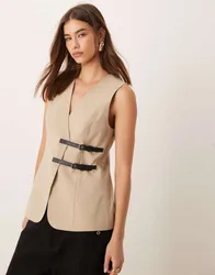 Womens Longline Waistcoat With Belt Detail In Stone - Size 6 Uk
