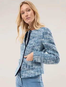 Boucleblazer mit Rundhals, Kurzgrößen, Farbe Blau, 50, Bouclé mit feinem Glanz modisch kürzer geschnitten Damen - Walbusch - FashionsVida
