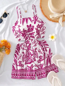 Camiseta sin mangas estampada, Mono sin mangas con abertura de mujer, Ropa de verano estampada para mujer, Ropa de resort para mujer, Moda de estilo b - Shein - FashionsVida