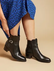 Leather Buckle Block Heel Ankle Boots Black female