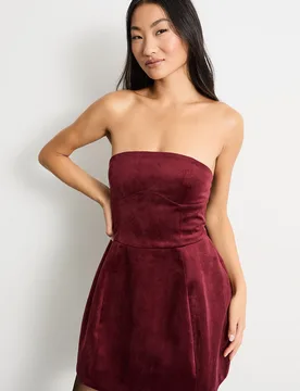 Womens Petite Bonded Velvet Mini Bustier Dress - Burgundy - Size 8 Uk - Warehouse - FashionsVida