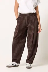Petite Pinstripe Barrel Leg Trousers - Chocolate - Size: 10S