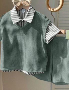 Set de 3 piezas para niños pequeños: chaleco casual para la escuela, camisa a rayas, conjunto de pantalones cortos, adecuado para fiesta de cumplea?