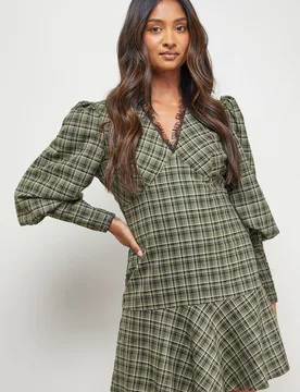 Womens Checked Lace Neck Puff Sleeve Mini Dress - Green - Size 14 Uk - OASIS - FashionsVida